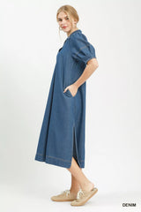 Umgee Chambray Collared Puff Sleeve Dress