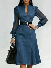 Denim Midi Dress with Sheer Sleeves