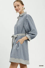 Umgee Striped Contrast Belted Puff Sleeve Mini Dress