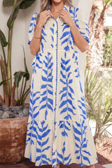 Leafy Botanical Print Side Tie Button Down Maxi Dress
