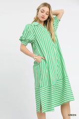 Umgee Striped Puff Sleeve Midi Dress