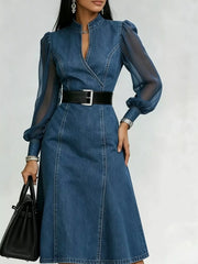 Denim Midi Dress with Sheer Sleeves