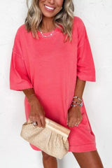 Coral Paradise Drop Shoulder Loose Casual T Shirt Mini Dress