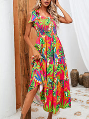Tropical Print Smocked Tie-Strap Dress