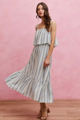 SO ME Stripe Tiered Shoulder Tie Midi Lined Dress