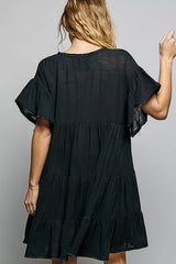 POL Ruffle Shirred V-Neck Short Sleeve Cotton Dress