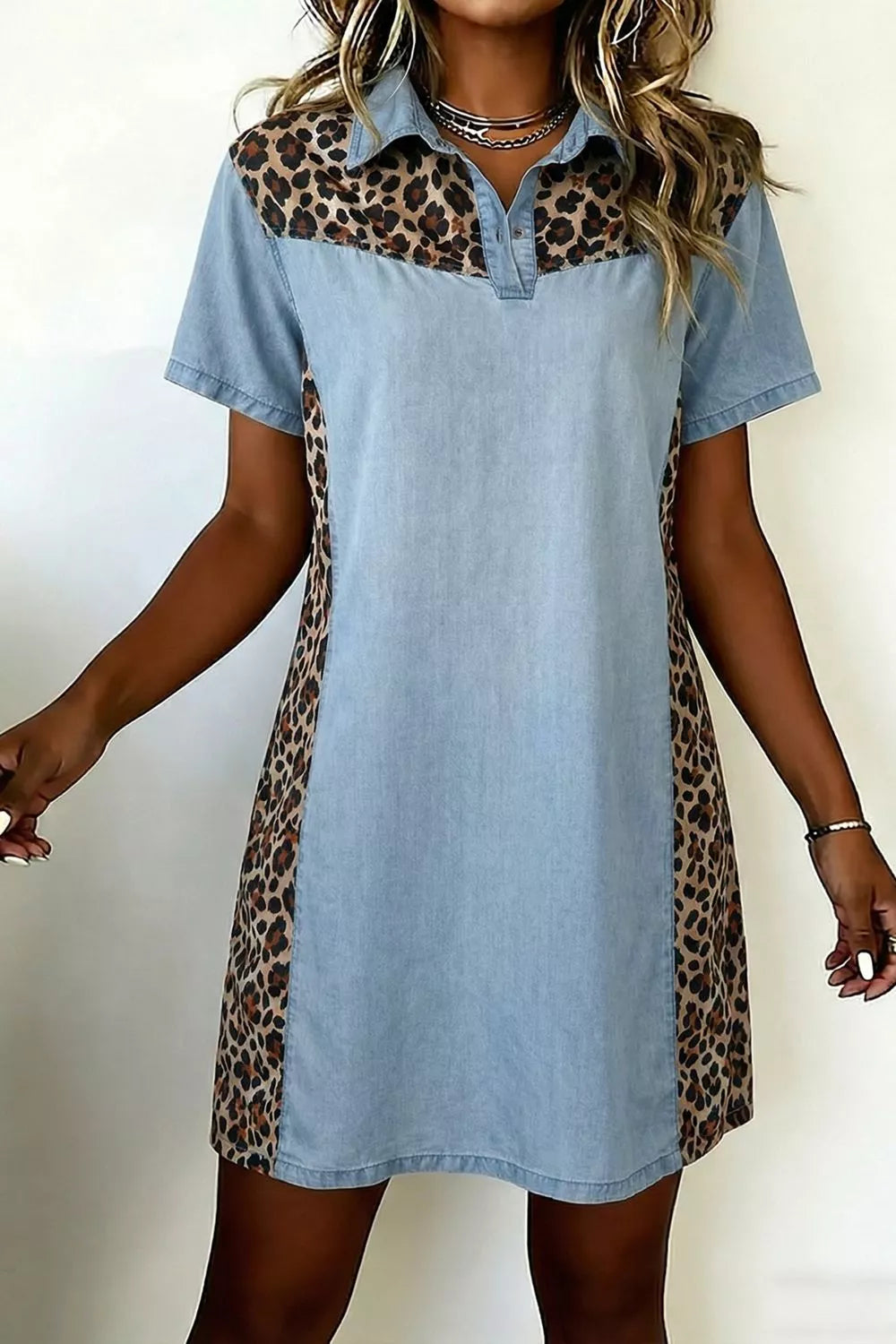 Leopard Print Panel Short Sleeve Dress