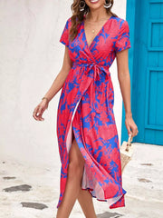 Surplice Short Sleeve Midi Dress