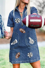 Sequin Football Cheer Patches Game Day Denim Mini Dress