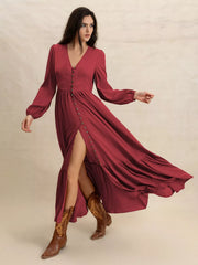 Plus Size V-Neck Balloon Sleeve Maxi Dress