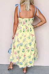 Floral Print Contrast Trim Self-tie Straps High Waist Midi Dress
