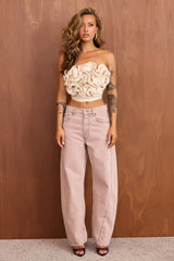 Petal Reverie Satin Crop Top - Beige