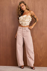 Petal Reverie Satin Crop Top - Beige