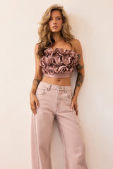 Petal Reverie Satin Crop Top - Mocha