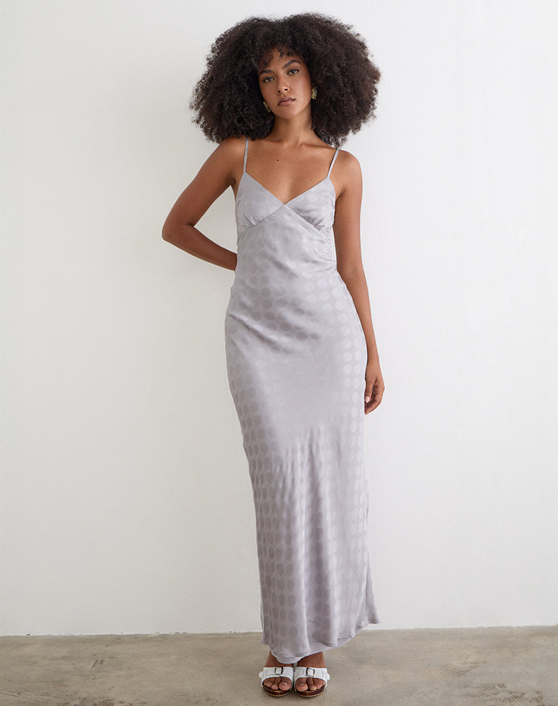 Alenya Maxi Dress in Chiffon Monochrome Silver Grey Polka