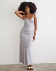 Alenya Maxi Dress in Chiffon Monochrome Silver Grey Polka