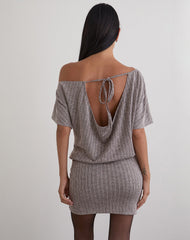 Amelita Mini Dress in Rib Knit Brown Grey