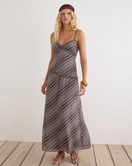 Angie Maxi Dress in Chiffon Grey and Maroon Diagonal Stripe