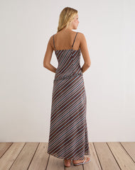 Angie Maxi Dress in Chiffon Grey and Maroon Diagonal Stripe
