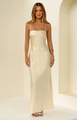 Astlee Yellow Satin Formal Maxi Dress