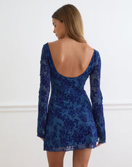 Bindara Mini Dress in Navy with Midnight Leaf Flock