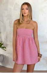 Berrie Red Gingham Strapless Mini Dress