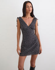 Carmila Gathered Mini Dress in Minimal Flower Dark Grey