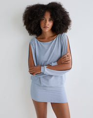 Carola Cut Out Arms Mini Dress in Shimmer Blue