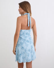 Codami Halterneck Mini Dress in Sequin Knit Pastel Blue