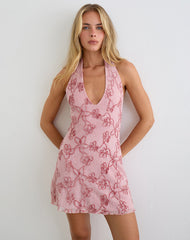 Codami Halterneck Mini Dress in Sequin Knit Pink