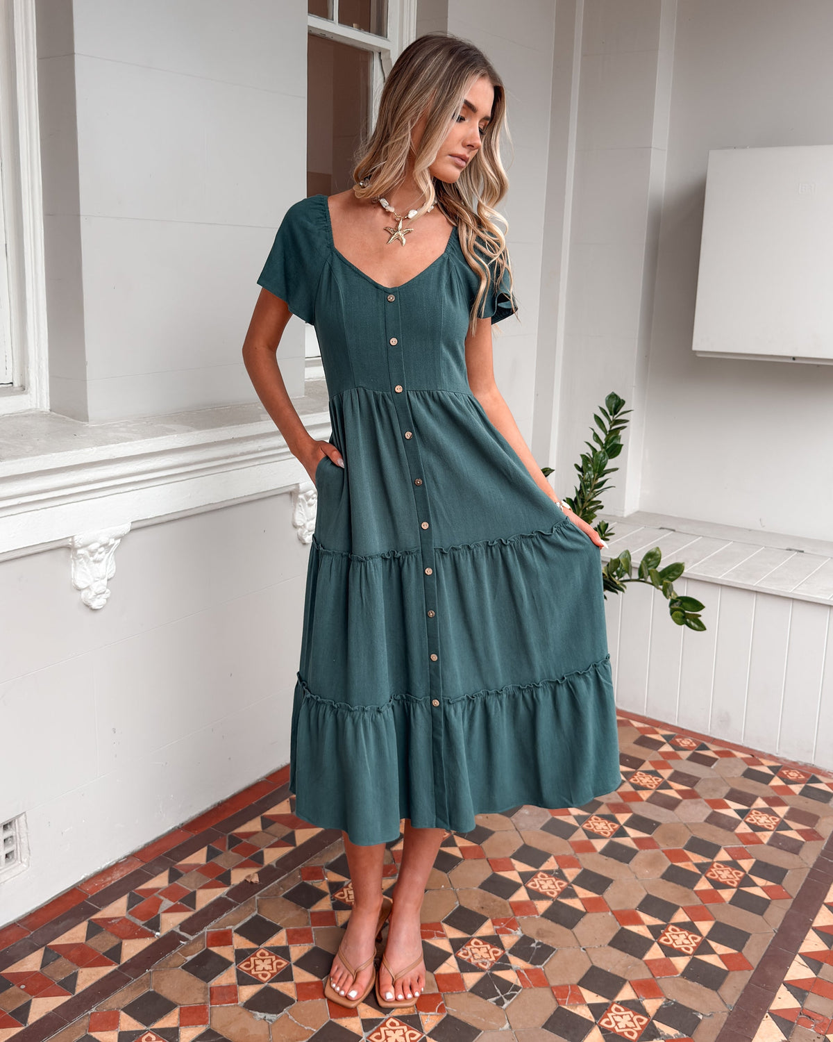 Celie Dress - Deep Green | Women's Linen Midi Dress