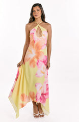 Elowen Yellow Hibiscus Floral Halter Maxi Dress