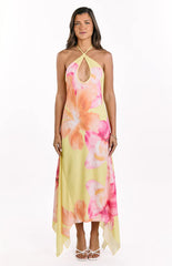 Elowen Yellow Hibiscus Floral Halter Maxi Dress