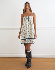 Gal Mini Dress in Ditsy Leaf Rose Navy