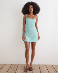 Gelora Mini Dress in Chiffon Floral Sequin Turquoise