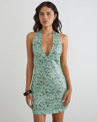 Hepasi Halter Mini Dress in Paisley Sequin Teal