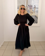 Iolana Dress - Black Long Sleeve | Women's Cotton Midi Dress