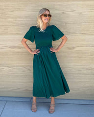 Iolana Dress Deep Green | Women's Cotton Smock Midi Dress