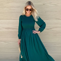 Iolana Dress Deep Green Long Sleeve | Women's Cotton Midi Dress