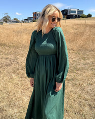 Iolana Dress Deep Green Long Sleeve | Women's Cotton Midi Dress