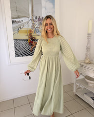 Iolana Dress - Soft Khaki Long Sleeve | Women's Cotton Midi Dress