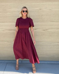 Iolana Dress Wine | Women's Cotton Smock Midi Dress