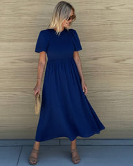 Iolana Dress Navy | Women's Shirred A-Line Midi Dress