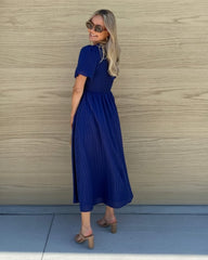 Iolana Dress Navy | Women's Shirred A-Line Midi Dress