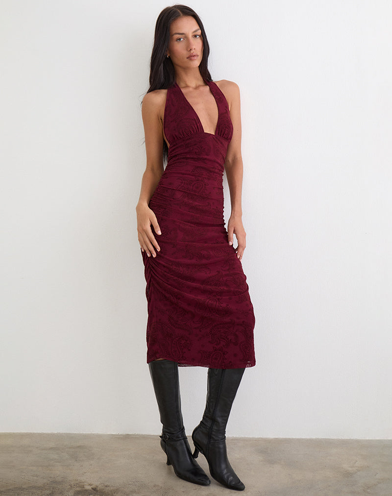Kamau Dress in Flock Compact Paisley Wine