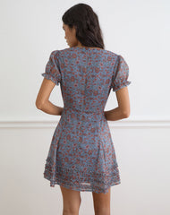 Koharu Mini Dress in Shadow Blossom Blue Chiffon