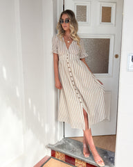 Korbel Dress - Beige Stripe | Women's Linen Stripe Midi Dress