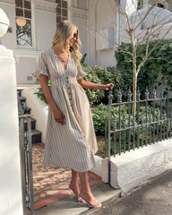 Korbel Dress - Beige Stripe | Women's Linen Stripe Midi Dress