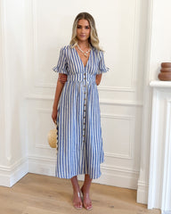 Korbel Dress - Blue Stripe | Women's Linen Stripe Midi Dress