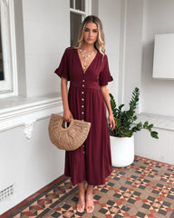 Korbela Dress Bordeaux | Women's Linen Midi Dress